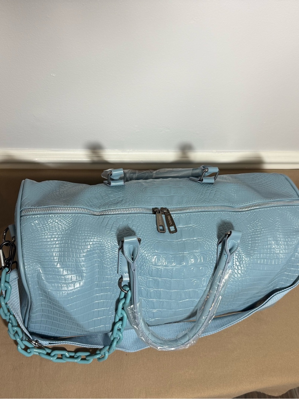 Privata Croc-Embossed Light Blue Weekend Travel Tote - Women's Carryall - Picture 4 of 7